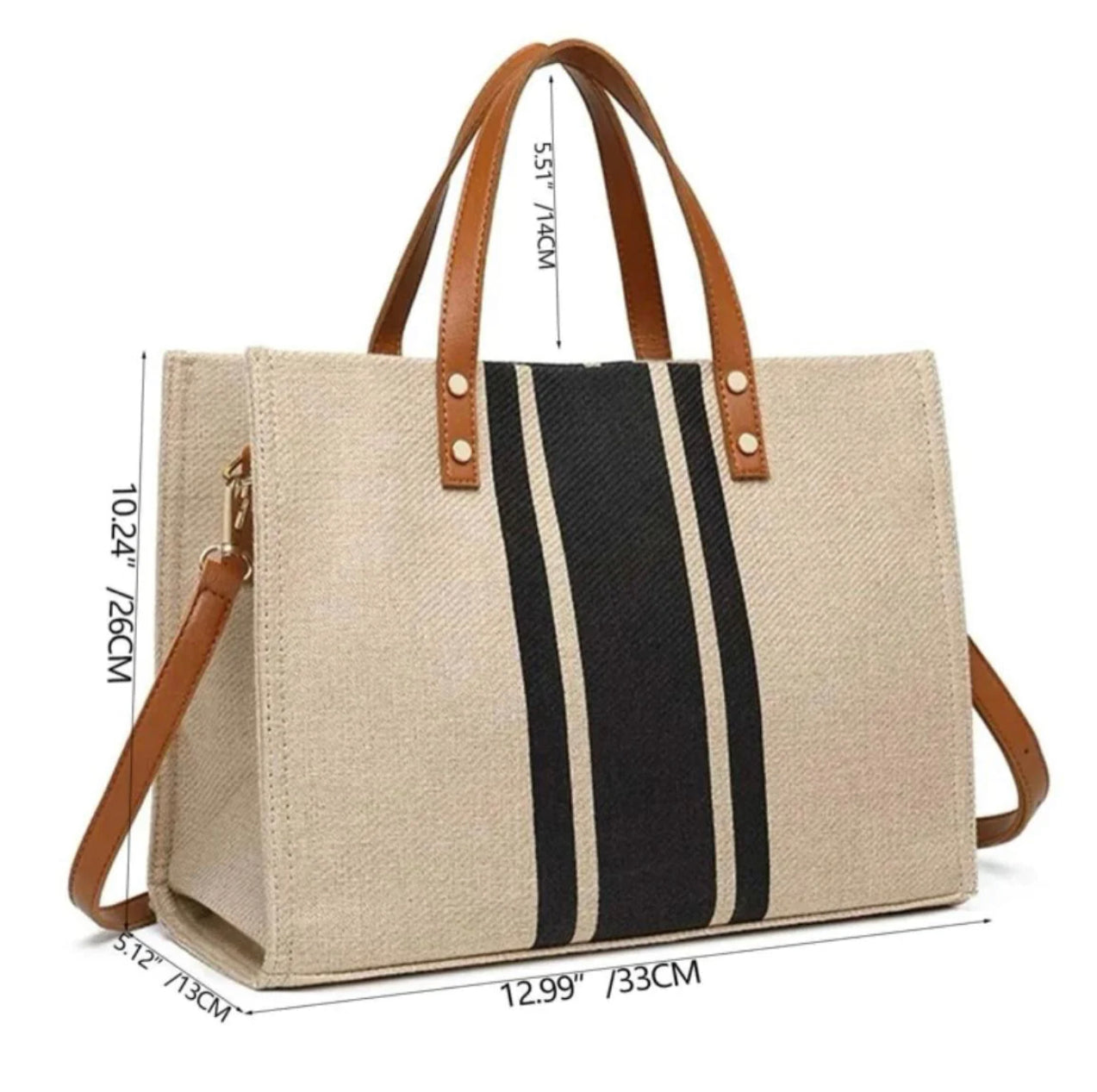 Black Stripe Jute Tote Bag with a brown leather handle and shoulder strap